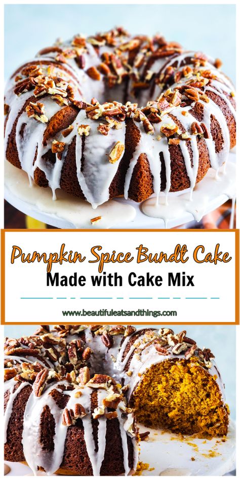 Pumpkin Spice Bundt Cake with Cake Mix - Beautiful Eats & Things Spice Cake Mix Bundt Cake Recipes, Duncan Hines Spice Cake With Pumpkin, Spice Cake Mix With Pumpkin, Pumpkin Spice Box Cake, Spiced Bundt Cake Recipes, Spice Cake Recipes Boxed With Applesauce, Spice Cake Dessert Recipes, Pumpkin Spice Bundt Cake Recipes, Duncan Hines Spice Cake Mix Recipes