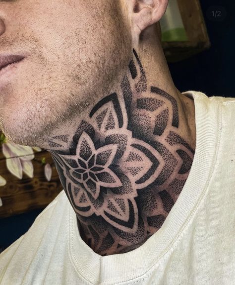 Neck Geometric Tattoo Men, Neck Tattoo For Guys Mandala, Neck Pattern Tattoo Men, Bold Neck Tattoo, Lotus Flower Neck Tattoo Men, Hexagon Neck Tattoo, Neck Mandala Tattoo Men, Mens Throat Tattoo Designs, Subtle Neck Tattoo Men