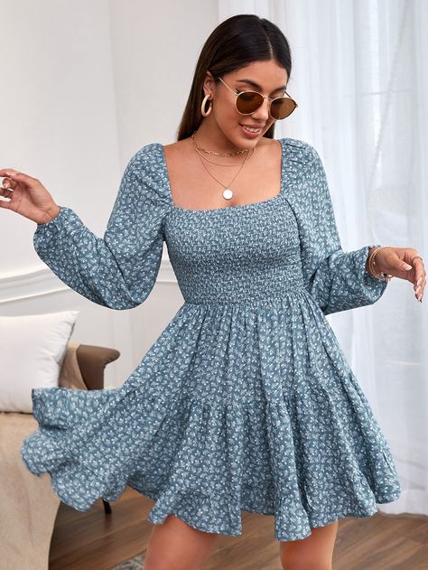 Long Sleeves Floral Dress, Square Neck Dress With Sleeves Fall, Polyester Fabric Dress, Fitted Summer Dress, Cute Dresses Floral, Square Neck Short Dress, Materials Dress Styles, Square Neck Summer Dress, Cute Floral Dresses Summer