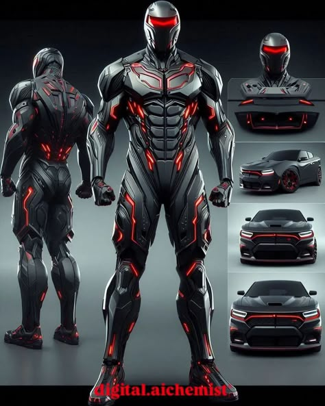 🔴🚗 When power meets precision. Presenting the ultimate fusion of muscle and machine – a hyper-realistic, futuristic armor suit inspired by the bold spirit of Dodge. From the aggressive stance to the sleek aerodynamic design, this suit is built for the road warriors of tomorrow. ⚙️💥 Every line and contour screams dominance, just like the Dodge Challenger, with its muscular frame and ferocious attitude. Enhanced with high-tech red LED accents, this armor is more than just protection – it’s a s... High Tech Armor, Sci-fi Armor Concept, Super Suit Design, Nicole Freeman, Futuristic Suit, Exoskeleton Suit, Tech Armor, Combat Suit, The Road Warriors