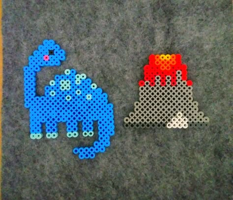 Dinosaur and volcano perler Hama Bead Dinosaur, Hama Beads Patterns Dinosaur, Perler Bead Dinosaur Pattern, Perler Dinosaur, Dinosaur Iron Beads, Dinosaur Melty Beads, Dino Perler Bead Pattern, Perler Bead Dinosaur, Perler Beads Ideas Dinosaur