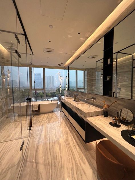 Big Aesthetic Bathroom, Nyc Bathroom Aesthetic, Big Apartment Aesthetic, Huge Bathroom Luxury, Luxury Penthouse Aesthetic, Penthouse Apartment Bathroom, Luxury Apartment Bathroom, Penthouse Kitchen, Cozy Minimalist