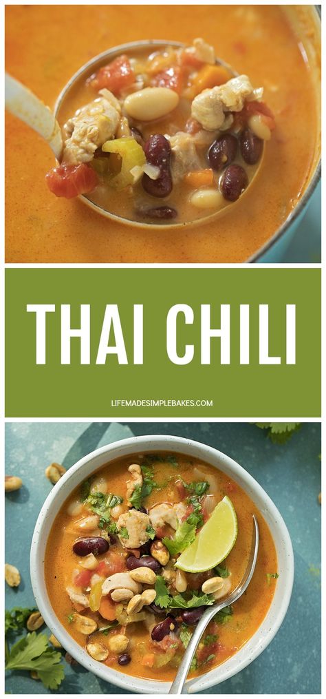 A delicious, Thai-inspired chili soup that is filled with chicken, beans, veggies and all the delicious flavors found in your favorite Thai food! #thaichili #chili #thai #chilisoup Thai Chicken Chili, Thai Chili Chicken, Berry Vinaigrette, Chili Chicken Recipe, Thai Chicken Noodles, Chicken Beans, Life Made Simple, Thai Chicken Salad, Buffalo Chicken Meatballs