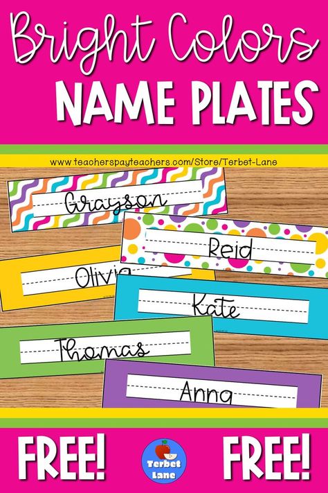 These fun, brightly colored free desk topper name plates are an easy way to add style to your classroom decor. Use them as student desks labels, sight word labels, bin labels, cubby labels, and more! Includes 6 different designs. These name plates also match a free set of bulletin board letters available to newsletter subscribers. See the link in the description of these name plates in my Tpt store Name Tags For Desks, Free Name Tags, Cubby Labels, Time Management College Student, Free Desk, Classroom Name Tags, Desk Topper, Topper Name, Desk Name Tags