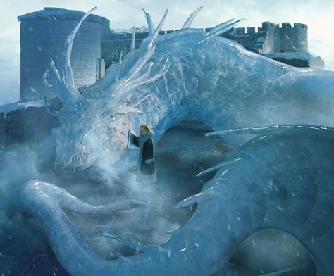 Adara and her ice dragon by Marc Simonetti Concept art of "The Ice Dragon" children's book by George R.R. Martin Fire And Ice Fantasy Art, Ice Manipulate, Ice Dragon Fantasy Art, Winter Dragon Aesthetic, Ice Creature Concept Art, Ice Creatures Fantasy Art, Ice Dragon Concept Art, Ice Powers Art, Ice Palace Aesthetic