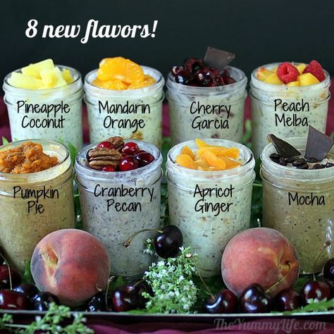 Refrigerator Oatmeal -- 8 more flavors of this popular no-cook, make-ahead, grab-and-go breakfast from The Yummy Life. Refrigerator Oatmeal, Oatmeal Flavors, Cooking Oatmeal, Overnight Oatmeal, Mason Jar Meals, Meals In A Jar, Oatmeal Recipes, Pinterest Recipes, Overnight Oats