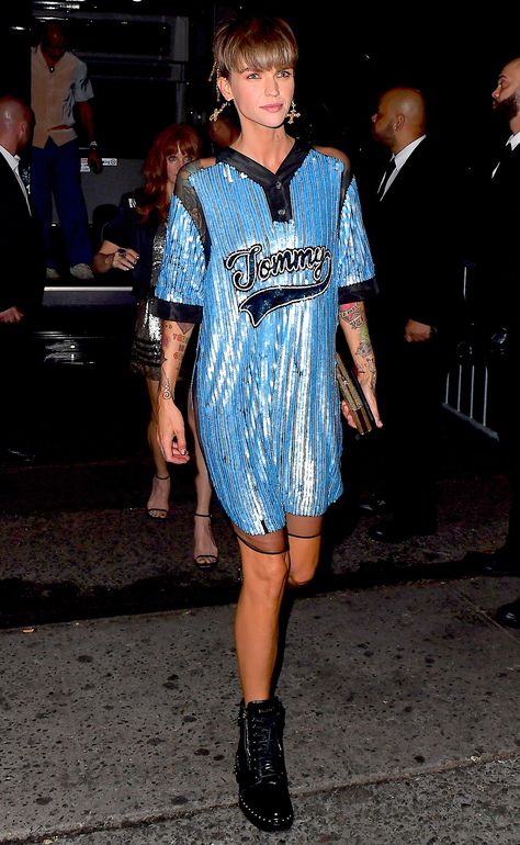 RUBY ROSE Afterparty Outfit, Afterparty Dresses, Outfit Combat Boots, Met Gala Afterparty, Red Pleated Dress, Sequin Jersey, Combat Boot Outfits, The Afterparty, Combat Boot Outfit