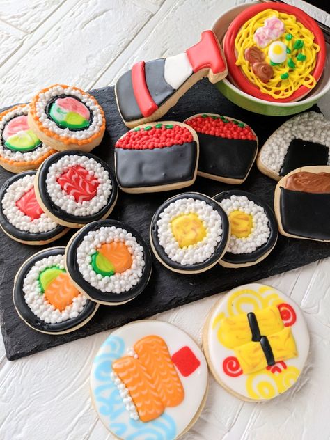 Sushi decorated sugar cookies. Ramen, salmon, tuna, onigiri, California roll. Tuna Onigiri, California Roll, Sushi Set, Decorated Sugar Cookies, Sushi Rolls, Icing Cookies, Royal Icing Cookies, Royal Icing, Sugar Cookies