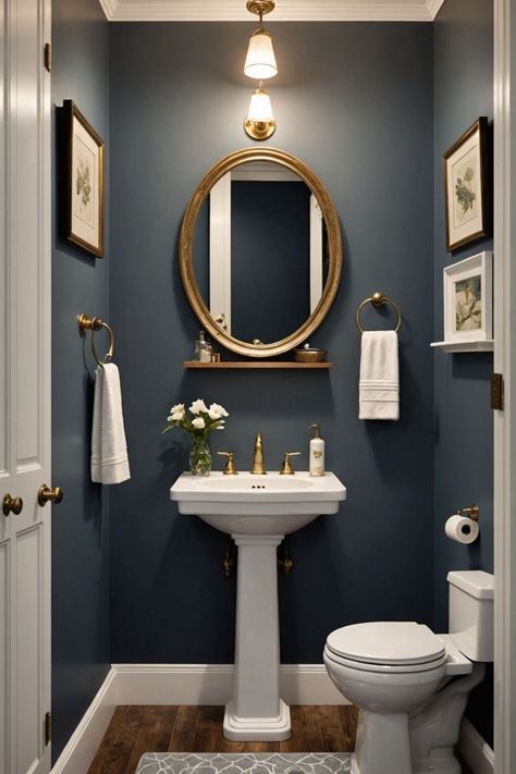 Sinks For Half Bath, Dark Navy Small Bathroom, Small Powder Bath Layout, Small Basement Washroom Ideas, Tiny Hall Bathroom Ideas, Entry Way Bathroom Ideas, Pretty Half Bathroom, Decorate Small Powder Room, New England Powder Room