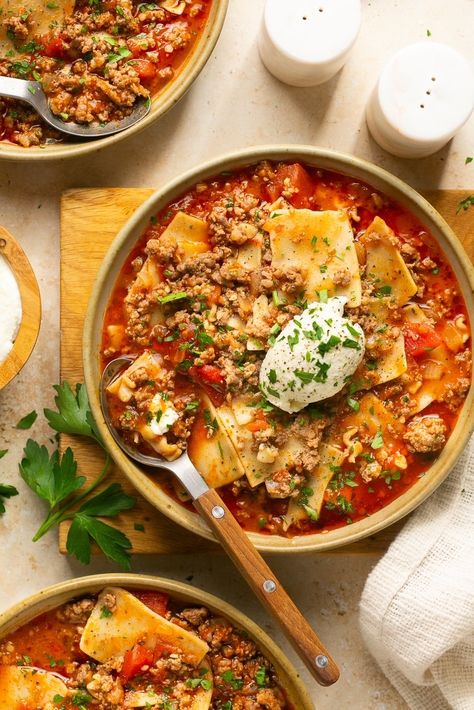 Easy Gluten-Free Lasagna Soup Recipe (Dairy-Free) | Mary's Whole Life Paleo Lasagna Soup, Gluten Free Lasagna Soup, Downshiftology Recipes, Stove Top Lasagna, Gf Soup, Dairy Free Lasagna, Sheet Pan Meals Chicken, Gluten Free Lasagna, Lasagna Soup Recipe