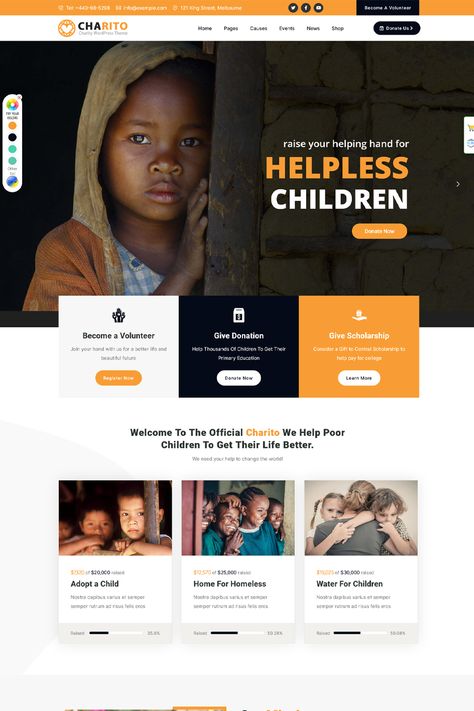 Charito WordPress Theme for Charity & Crowdfunding with predefined web elements which helps you to build your own site. Charity Website Design, Portfolio Deck, Nonprofit Website Design, Nonprofit Website, Fashion Website Design, Business Website Design, Web Elements, Primary Education, Admin Panel