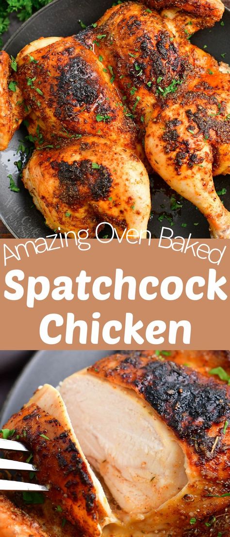 Spatchcock Chicken is the best way to roast or grill a whole chicken because this method gives you chicken that is evenly cooked inside and out. By using this cooking method, you get flavorful crispy skin with juicy, tender meat on the inside. Whole Chicken Recipes Oven, Grilled Whole Chicken, Whole Baked Chicken, Homemade Dry Rub, Cooking Whole Chicken, Oven Chicken Recipes, Spatchcock Chicken, Homemade Chicken Stock, Whole Chicken Recipes