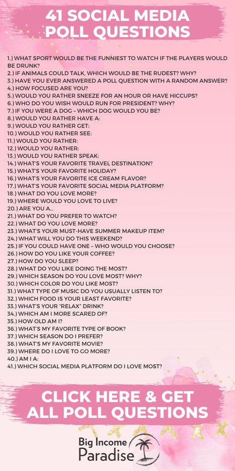 Poll questions || Social Media poll questions || Poll questions for Instagram || Poll questions for Facebook || Poll questions for Instagram story || Funny poll questions || Poll questios for Facebook Group || #pollquestions #socialmediacontent #socialmediacontentideas Instagram Story Challenge Questions, Social Media Engagement Questions, Engagement Questions For Instagram, Insta Polls Questions, Social Media Questions Posts, Funny Polls For Instagram Story, Fill In The Blank Questions Social Media, Yes Or No Questions Instagram Polls, Facebook Questions Posts