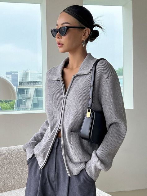 DAZY Two-Way Zipper Dual Pocket Drop Shoulder Cardigan | SHEIN USA Zipper Sweater Outfit, Shoulder Cardigan, Drop Shoulder Cardigan, Zip Cardigan, Fall Capsule Wardrobe, Zippered Sweater, Drop Shoulder Sweaters, Turndown Collar, Grey Cardigan