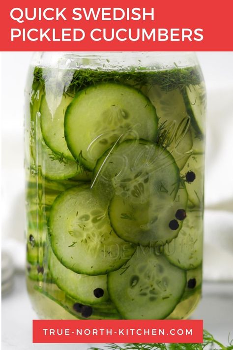 An easy recipe for Scandinavian-style fresh pickled cucumbers with dill. Refrigerator Dill Pickles, Refrigerator Pickles Dill, Homemade Pickles Dill, Danish Cuisine, Swedish Meatballs Easy, Whole30 Vegan, Pickled Cucumbers, Canning Pickles, Quick Pickled Cucumbers