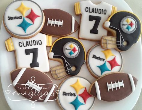 Steelers Party Decorations, Steelers Party Ideas, Steelers Themed Birthday Party, Football Themed Cookies, Steelers Birthday Party Ideas, Steelers Birthday Party, Football Sugar Cookies Royal Icing, Steelers Cookies, Nfl Cookies