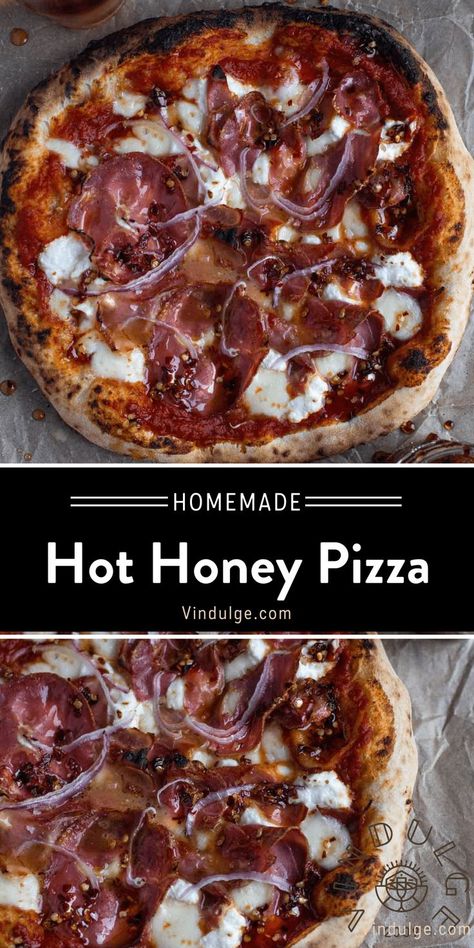 This hot honey pizza is topped with red sauce, mozzarella and ricotta cheese, prosciutto, coppa, and drizzled with hot honey after it comes out of the oven. White Sauce Pizza Recipe, Hot Honey Pizza, Pizza With Prosciutto, Pizza Toppings Combinations, Honey Pizza, Plant Based Pizza, Meat Lovers Pizza, Pizza Topping, Pizza Special