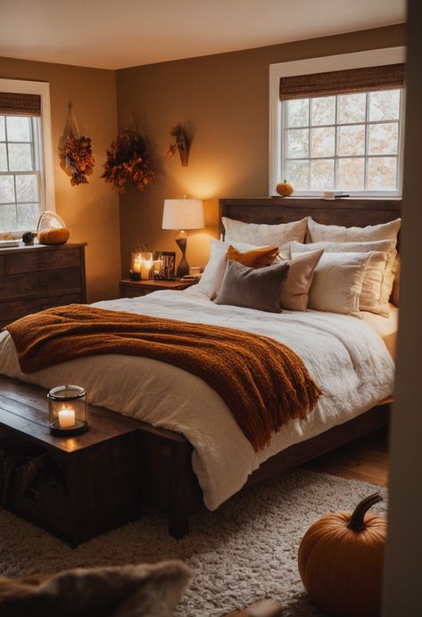 Fall is here, and it’s time to cozy up your bedroom to match the changing season!  As the leaves turn golden and the air gets … Cosy Couple Bedroom, Rustic Orange Bedroom Ideas, Small Cozy Bedroom Ideas For Couples, Fall Bedroom Ideas Cozy, Cozy Fall Bed, Cozy Couples Bedroom, Married Couple Bedroom Ideas, Cute Apartment Ideas For Couples, Fall Bedroom Decor Cozy