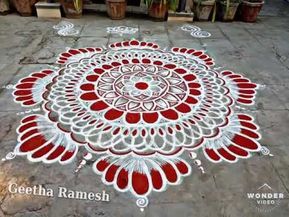 Red & White kolam!! #Friday kolam! Alpona Design Red And White, Red And White Rangoli, Painting Rangoli Design, Bangla Art, Dots Muggulu, Diwali Vibes, Colour Rangoli, Indian Rangoli Designs, Alpona Design