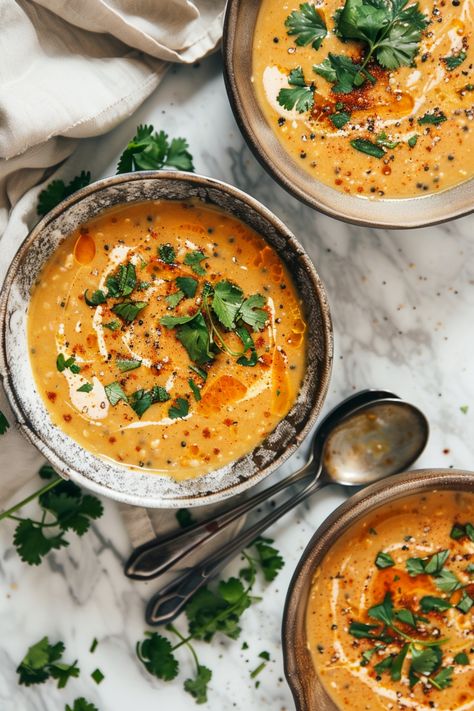 Three bowls of creamy soup garnished with cilantro, spices, and a drizzle of cream, with spoons and a napkin on the side. Coconut Red Lentil Curry, Curry Soup Recipes Vegetarian, Tumeric Food Recipes, Miso Lentil Soup, Coconut Curry Soup Vegetarian, Lentil Squash Soup, Vegetarian Curry Soup, Vegan Curry Soup, Spicy Vegan Soup