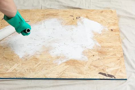 How To Paint Osb Board, Osb Kitchen Ideas, How To Cover Osb Board, Chip Board Walls, Paint Osb Walls, Osb Board Walls, Painting Osb Walls Ideas, Osb Walls Ideas, Stair Landing Ideas