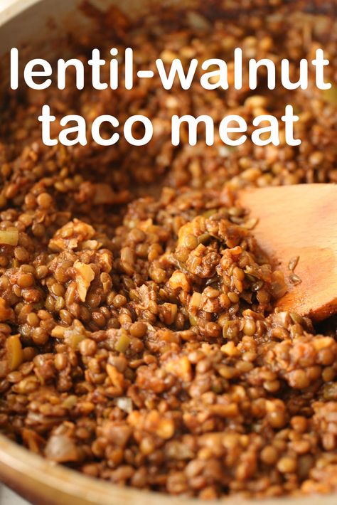 Large bowl filled with walnut taco meat.  Wooden spoon scooping up portion. Lentil Meat Recipes, Walnut Lentil Taco Meat, Lentil Recipes Healthy Low Carb, Lentil Taco Meat Easy, Red Lentil Taco Meat, Lentil Walnut Taco Meat, Taco Lentils, Lentil Taco Soup, Walnut Meat Recipes