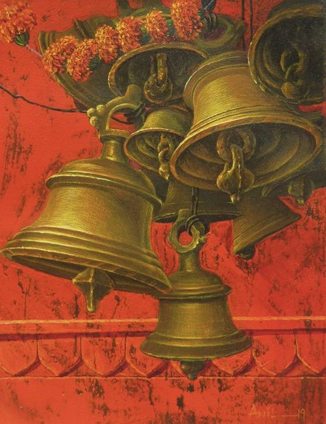 Rhythm Art, Temple Bell, Indian Contemporary Art, Modern Indian Art, Temple Bells, Spiritual Paintings, Indian Art Gallery, Photo To Art, Lord Ganesha Paintings