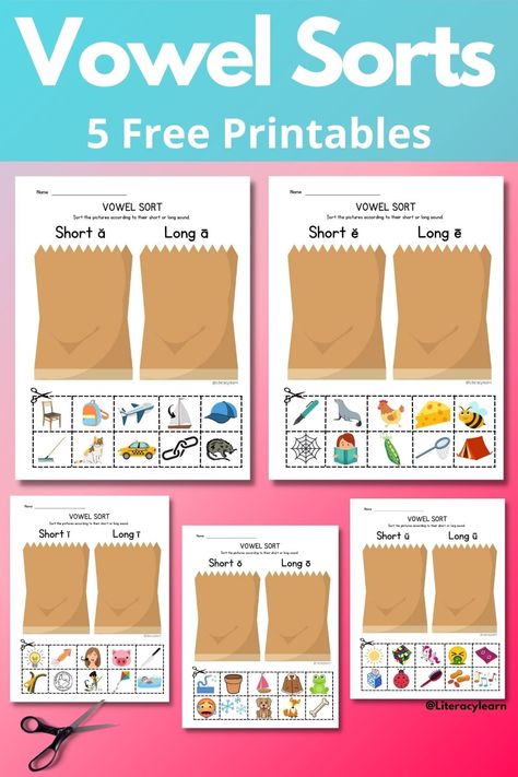 Get five vowel sorts to help kids distinguish between long and short vowel sounds heard in words. Each free printable worksheet includes ten pictures to sort: Five pictures with short vowels, and five pictures with long vowels. Vowel Patterns Activities, Short I Vowel Activities, Teaching Long Vowels First Grade, Short And Long Vowels Worksheet For Kindergarten, Vowel Consonant E Worksheets, Long And Short Vowels Activities, Short A Sound Worksheets, Short Vowel Activities First Grade, Vowel Team Worksheets Free Printable