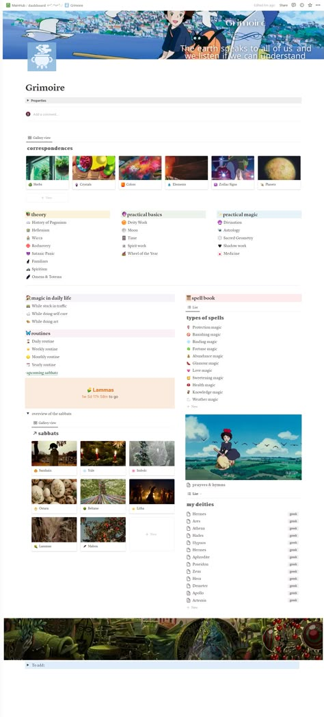 #notion #aesthetic #notionspread #notionpages #wicca #grimoire #witchcraft #witchy #bookofshadows #bos #ghibli #correspondendes Grimoire Topics, Notion Template Ideas Aesthetic Witch, Notion Book Of Shadows, Digital Grimoire Ideas, Notion Template Ideas Witch, Spiritual Notion Template, Witchy Notion Template, Notion Witchcraft, Notion Grimoire Template