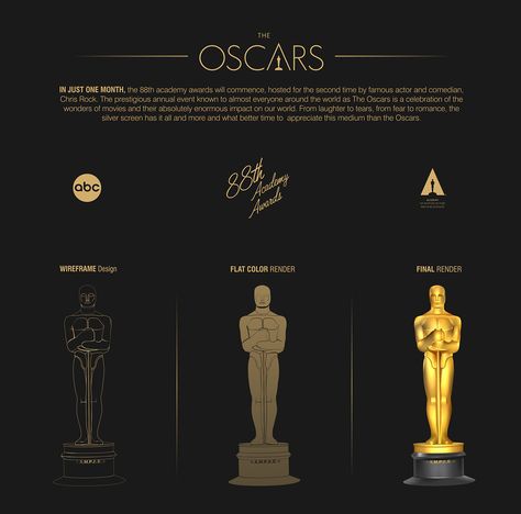 The 88th academy awards commenced on Feb. 28th, 2016, hosted for the second time by famous actor and comedian, Chris Rock. The prestigious annual event known to almost everyone around the world as The Oscars is a celebration of the wonders of movies and t… Oscars Theme Party, Oscars 2016, Wireframe Design, Museum Exhibition Design, Logotype Branding, Oscar Award, Academy Award Winners, Chris Rock, Event Logo