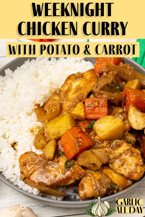 Warm up your weeknights with our Chicken Curry complete with potatoes and carrots!  Looking for a quick and easy dinner option that's packed with flavor? Look no further than our Weeknight Chicken Potato Curry! Tender chicken, hearty potatoes and carrots, and aromatic spices combine to create a comforting and delicious meal that's perfect for any night of the week.  #EasyDinner #ChickenCurry #ComfortFood #WeeknightRecipe Yellow Curry With Potatoes, Curry Chicken And Potatoes Recipes, Easy Potato Curry, Chicken And Sweet Potato Curry, One Pot Chicken Potatoes, Chicken Potato Carrot, Curry Chicken And Potatoes, Sweet Potato Dinner Recipes, Curry Chicken With Potatoes