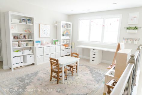 Study And Toy Room Ideas, Living Room Office Playroom Combo, Bonus Room Homeschool Ideas, Homeschool Room Shelves, Small Office Toy Room Combo, Playroom School Area, Loft School Room, School Room Dining Room, Loft Homeschool Room