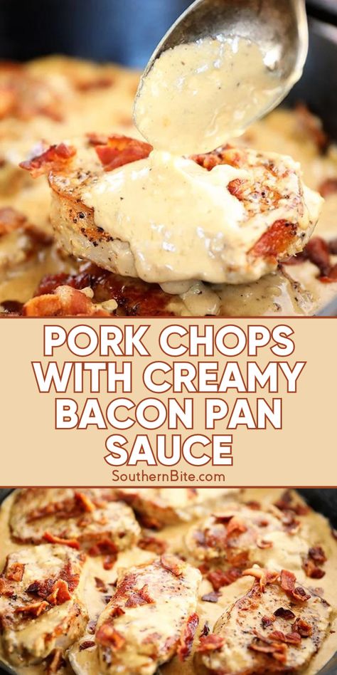 This recipe for Pork Chops with Creamy Bacon Pan Sauce combines juicy pork chops with an easy garlic and bacon cream cheese pan sauce. It makes an amazing weeknight dinner for the whole family! Pork Chops With Bacon, Creamy Bacon Pork Chops, Bacon Ranch Pork Chops, Dinner Recipes For Family Pork Chops, Essen, Bacon Pork Chop Recipes, Pork Chops With Bacon Recipes, Bacon Stuffed Pork Chops, Smoked Pork Chops Recipes Dinners