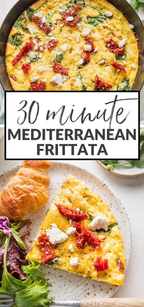 Whip up this Mediterranean Frittata for a quick, delicious, and satisfying meal any time of the day. It's got fluffy eggs, tender greens, tangy sun-dried tomatoes, and creamy Feta cheese, all in an easy one-skillet dish you'll love time and again. Feta Frittata Recipes, Sun Dried Tomato Omelette, Fatata Eggs, Mediterranean Diet Frittata Recipes, Mediterranean Feta Egg Bake, Feta Omlet Recipes, Sun Dried Tomato Breakfast, Healthy Recipes With Feta Cheese, Feta Eggs Breakfast