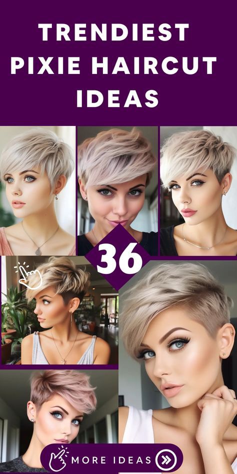 Discover the latest and chicest pixie haircut ideas to elevate your hairstyle game. Opt for a textured pixie cut with choppy layers for a bold and modern appearance that enhances volume and dimension to your locks. Feel daring? Experiment with a pixie cut featuring an undercut for a distinctive and attention-grabbing look. If you prefer a touch of femininity, go for a pixie cut paired with longer bangs that offer versatility in styling options. Pixie Haircut For Full Faces, 2024 Haircolor, 2024 Pixie Cut, Short Hair Pixie Undercut, Back Of Pixie Haircut Neckline, Womens Short Haircuts, Pixie Undercut Hair, Longer Bangs, Girls Pixie Cut