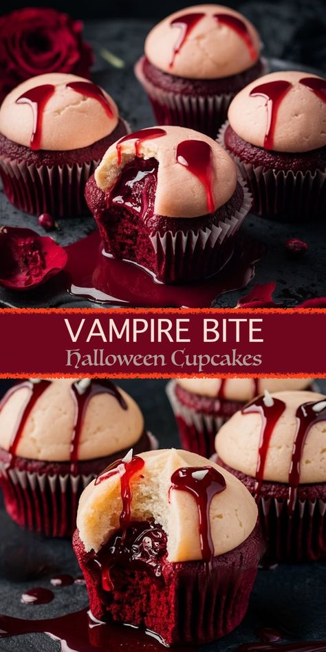 Spooky Vampire Bite Cupcakes with Bloody Strawberry Filling Vampire Theme Desserts, Halloween Cake In A Jar, Halloween Red Velvet Cupcakes, Halloween Baking Ideas Cupcakes, Vampire Foods Party Ideas, Halloween Themed Baked Goods, Coffin Cupcakes, Halloween Bakery Treats, Emo Cupcakes