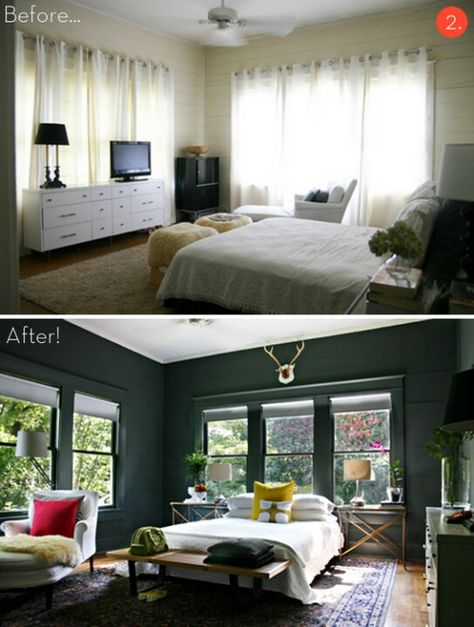 A stunning before and after.  Dark walls with furniture centered around the windows