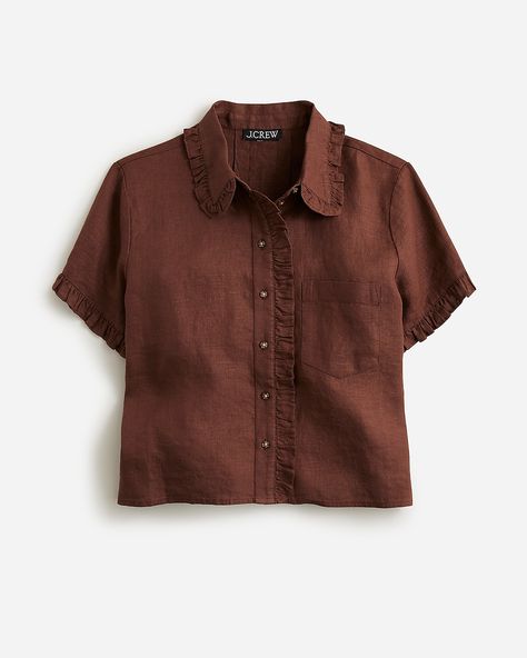 J.Crew: Ruffle-trim Button-up Shirt In Linen For Women Jcrew Collection, Linen Color, Button Up Shirt, Ruffle Trim, Shirt Outfit, Matching Sets, Up Shirt, Cool Shirts, Fashion News