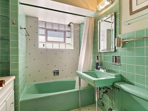 Vintage Bathroom Love | 1960s Ranch in McHenry, IL. This home has an amazing 5 intact vintage tiled bathrooms all with vintage fixtures in all shades of the… | Instagram Retro Bathrooms 1950s, 1960s White Tile Bathroom, 1948 Bathroom, Vintage Green Sink Bathroom, 1950s Green Tile Bathroom, Mint Tile Bathroom Vintage, 60s Bathroom, 1960s Bathroom, 1960s Pink Bathroom