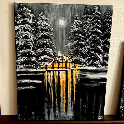 I Painted This Acrylic Painting On A Stretched Canvas 11” By 14”. Beautiful Snowy Night Sky With Cabin By The Lake Art On Black Canvas Easy, Acrylic Winter Painting Ideas, Swamp Sunset Painting, Christmas Winter Painting, Winter Art Painting Acrylics, Spooky Christmas Painting, Small Canvas Art Christmas, Black Canvas Christmas Painting, Winter Paint Night Ideas