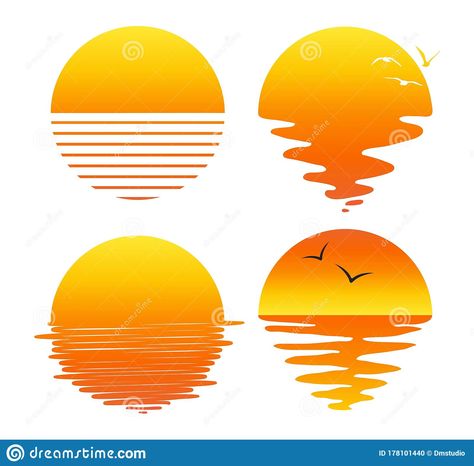 Vector set of flat symbols of sunsets and sunrises. Illustration about reflection, sunset, background, seagull, sunny, design, sunrise, shape, beach, sunbeam, sunlight - 178101440 Sunset Vector Art, Unique Sunset Tattoo, Sunset Logo Design Ideas, Sunset Stencil, Sunrise Symbol, Sunset Drawing Ideas, Rise Illustration, Sunset Illustration Art, Sunset Symbol