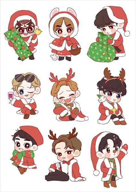 Christmas Fanart, Christmas Chibi, Chibi Christmas, Exo Cartoon, Exo Chibi Fanart, Exo Anime, Exo Stickers, Exo Chibi, Bts Christmas