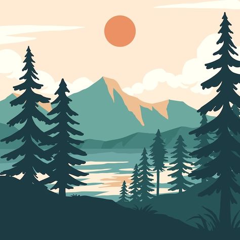 Free vector flat design muted colors ill... | Free Vector #Freepik #freevector #flat-nature #illustrations #hand-drawn-tree #hand-drawn-illustration Nature Illustrations, Colors Illustration, The Great Mouse Detective, Mountain Background, Mountain Illustration, Flat Design Illustration, Vector Trees, Forest Illustration, Nature Illustration