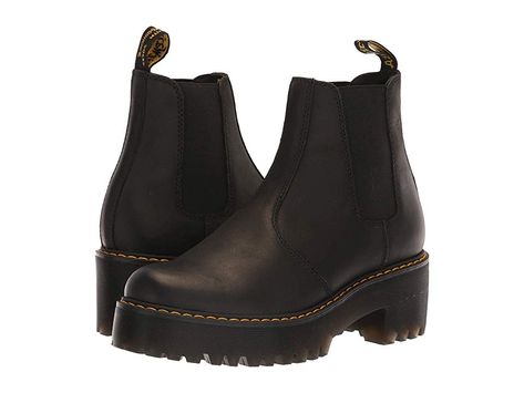 Dr. Martens Rometty Sanguine (Black Wyoming) Women's Boots. Let your style dominate the conversation with the standout look of the Dr. Martens Rometty Sanguine boot. Genuine leather upper. Pull-on Chelsea boot with dual-side gore panels for easy on and off. Classic back heel loop. Cement construction where the upper is cemented to the inside and then the outsole is cemented to the inside  resulting in a much lighter  more flex #Dr.Martens #Shoes #Boot #GeneralBoot #Black Dr Martens Rometty, Platform Chelsea Boots, Simple Wardrobe, Womens Ugg Boots, Chelsea Boots Women, Chunky High Heels, Groom Wear, Black Boots Women, Chelsea Boot