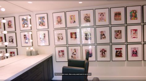 Glam room with framed vogue magazines, separate entrance Kendall Jenner House, Jenner House, Magazine Wall, Transitional Contemporary, Beverly Hills Houses, Famous Houses, Glam Room, House Room, Beauty Room