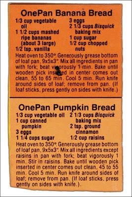 Memere's Favorite Recipes: Bisquick Recipes - Banana Bread & Pumpkin Bread Banana Bread Pumpkin, Bisquick Banana Bread, Bread Pumpkin, Bread Banana, Bisquick Recipes, Biscuit Rolls, Bread Recipes Sweet, Baking Mix, Retro Recipes