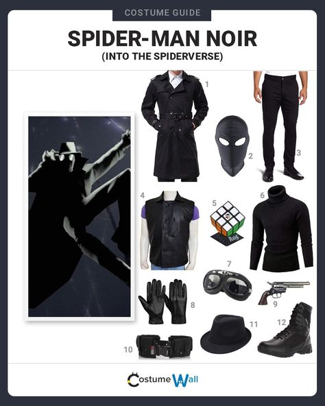 Spiderman Across The Spider Verse Outfit Ideas, Spiderman Noir Outfit, Spider Man Noir Cosplay, Men’s Cosplay, Spiderman Noir Cosplay, Spider Noir Cosplay, Cosplay Characters Men, Cosplay Ideas Men, Spider Man Outfits