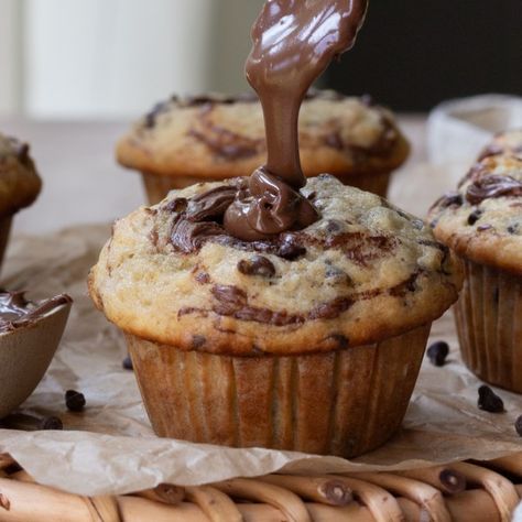 Small Batch Banana Nutella Muffins - Fresh Bean Bakery Banana Nutella Muffins, Ice Cream Muffins, Nutella Muffins, Banana Nutella, One Banana, Bakery Recipes, Banana Muffins, Cookie Scoop, Foodie Recipes