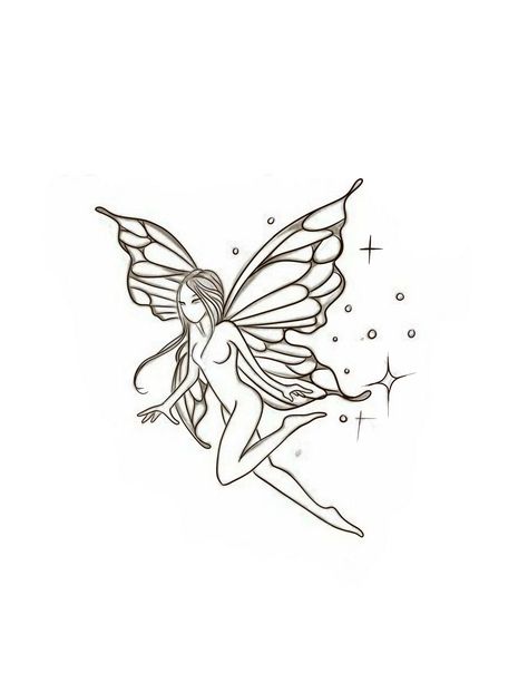 Fairy With Locs Tattoo, Fairy Outline Tattoo Simple, Fairy Theme Tattoo, Pink Fairy Tattoo, Fairy Tattoo Sketch, Delicate Fairy Tattoo, Small Faerie Tattoo, Fairy Tattoo Meaning, Sun Fairy Tattoo