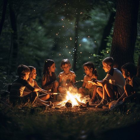 "Enchanted Forest Campfire: #Kids gather around a glowing #bonfire in the #woodlands, sharing stories and roasting #marshmallows under #starlight. #storytime #aiimagine #aipics #digitaldownload ⬇️ Download and 📝 Prompt 👉 https://stockcake.com/i/enchanted-forest-campfire_276392_55326". Campfire Family Photos, Family Campfire Photoshoot, Campfire Family Photoshoot, Campfire Aesthetic Friends, People Around Campfire, Bonfire Photoshoot, Campfire Pictures, Campfire Photoshoot, Drawtober 2024